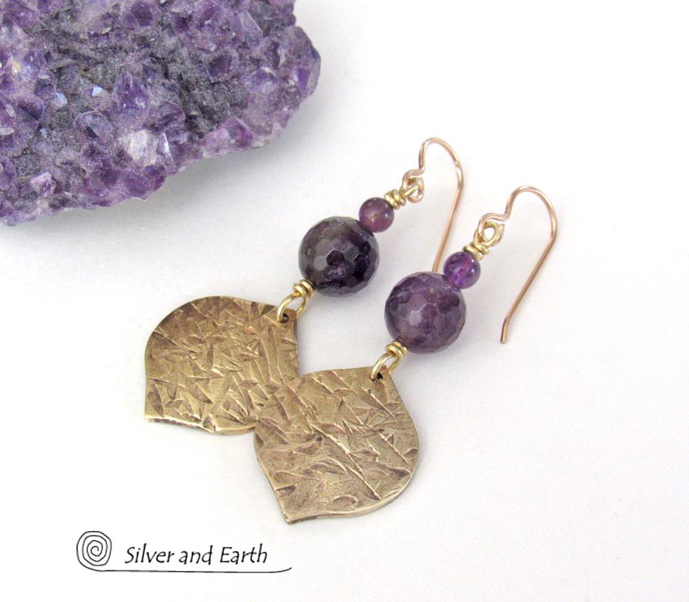 Purple Amethyst Gemstone Earrings with Gold Brass Dangles - Chic Modern February Birthstone Jewelry