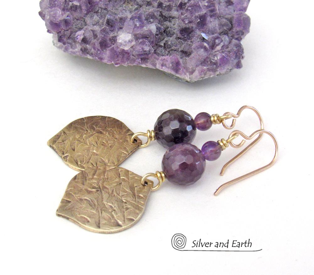 Purple Amethyst Gemstone Earrings with Gold Brass Dangles - Chic Modern February Birthstone Jewelry