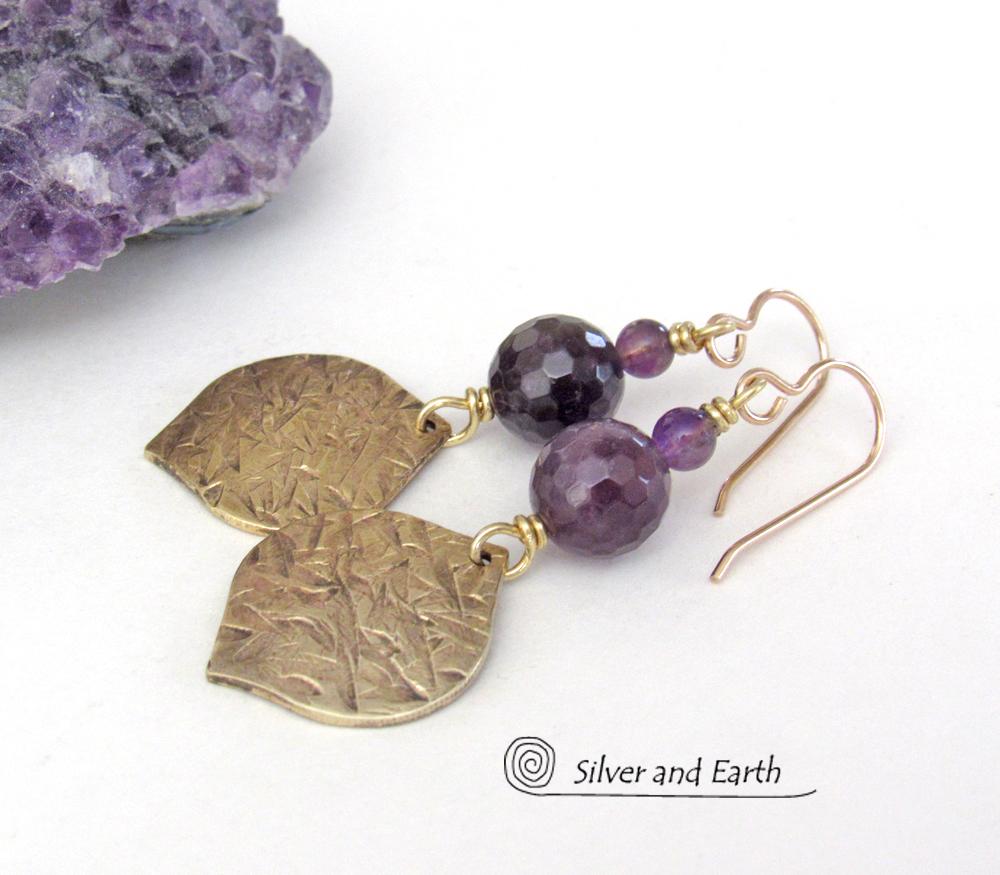 Purple Amethyst Gemstone Earrings with Gold Brass Dangles - Chic Modern February Birthstone Jewelry