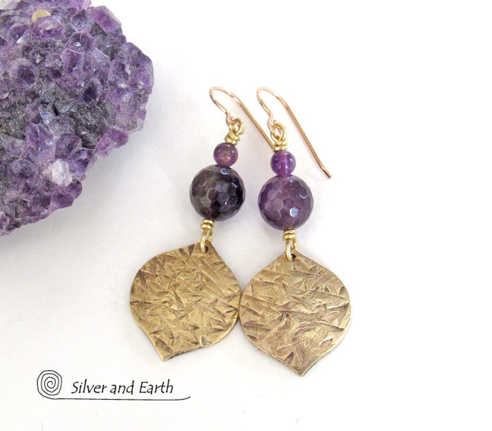 Purple Amethyst Gemstone Earrings with Gold Brass Dangles - Chic Modern February Birthstone Jewelry