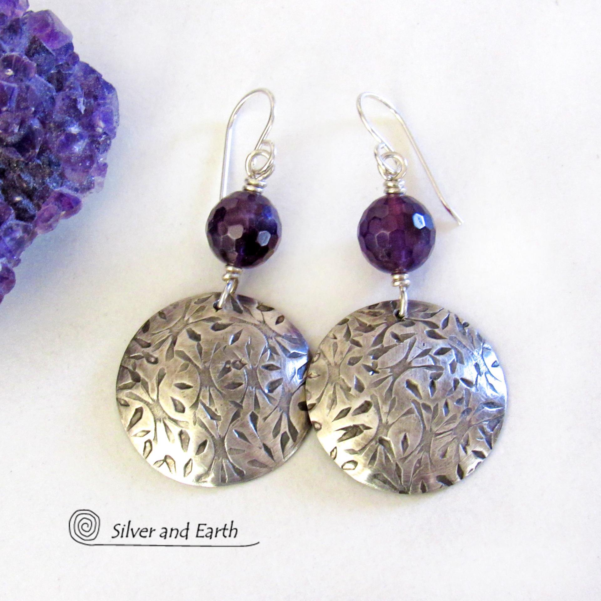 Round Sterling Silver Dangle Earrings with Faceted Amethyst Gemstones - February Birthstone Jewelry 