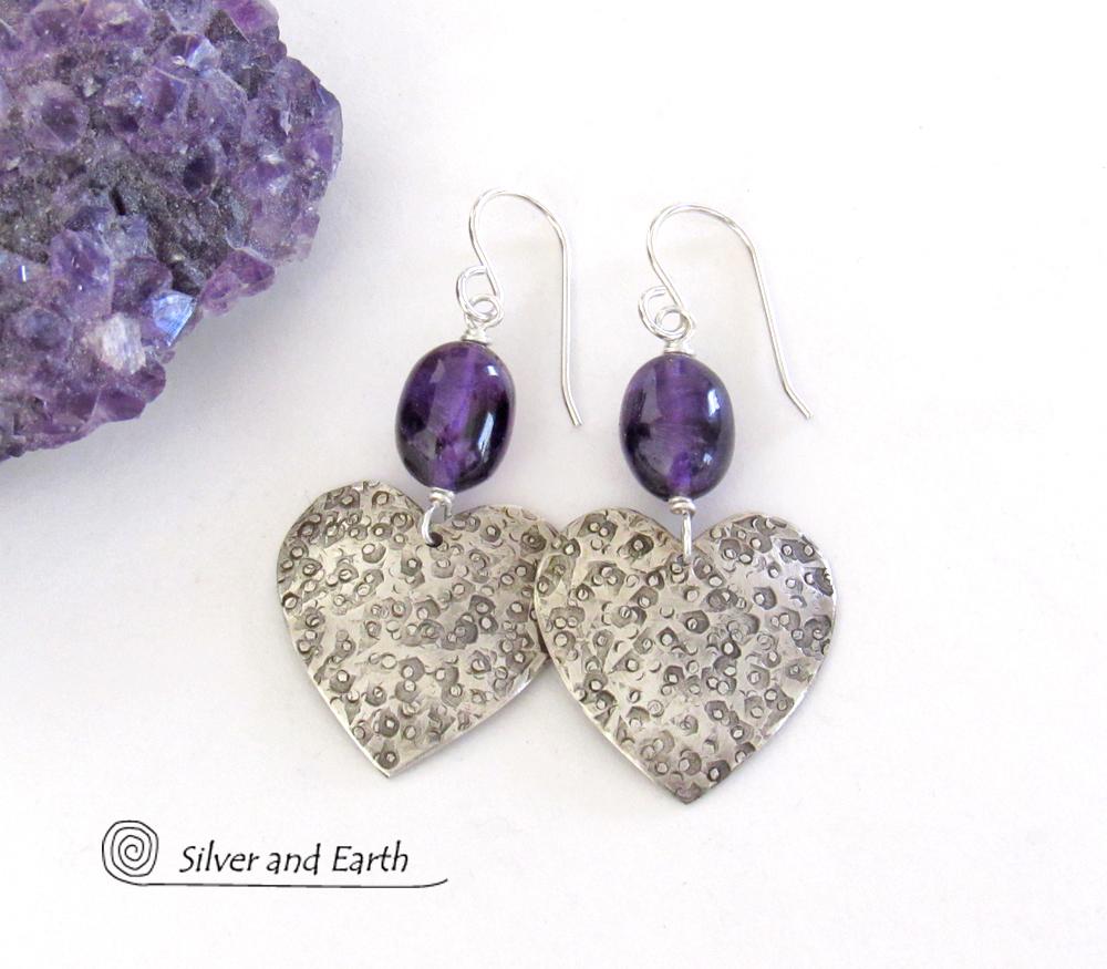 Sterling Silver Heart Earrings with Purple Amethyst Gemstones - Romantic Jewelry Gifts for Women