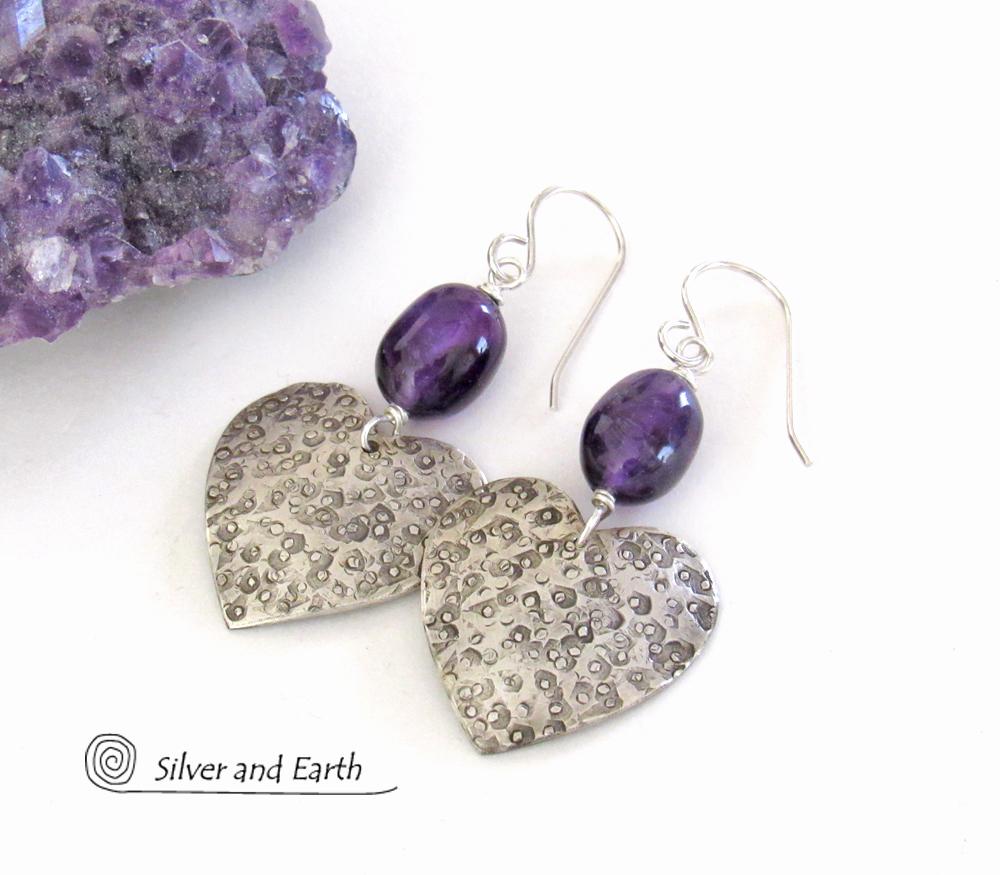 Sterling Silver Heart Earrings with Purple Amethyst Gemstones - Romantic Jewelry Gifts for Women