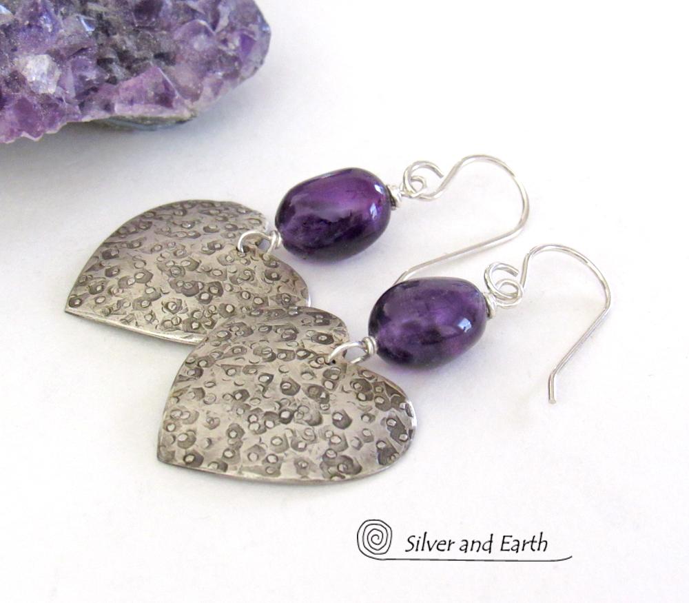 Sterling Silver Heart Earrings with Purple Amethyst Gemstones - Romantic Jewelry Gifts for Women