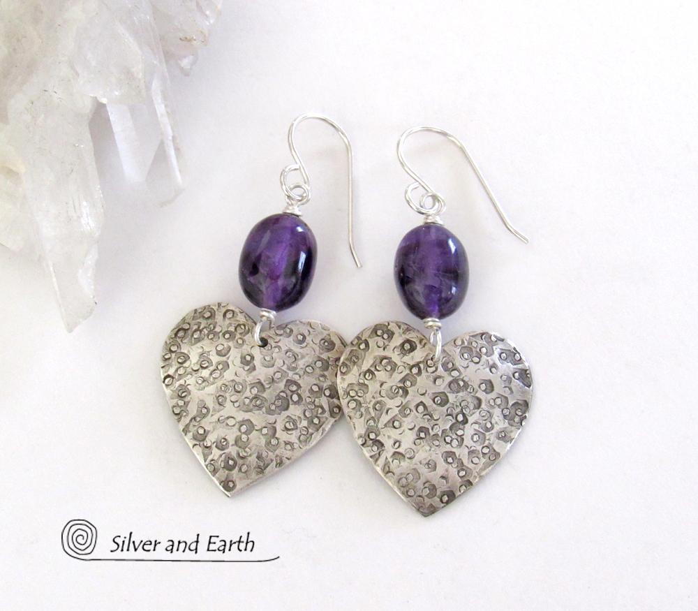 Sterling Silver Heart Earrings with Purple Amethyst Gemstones - Romantic Jewelry Gifts for Women