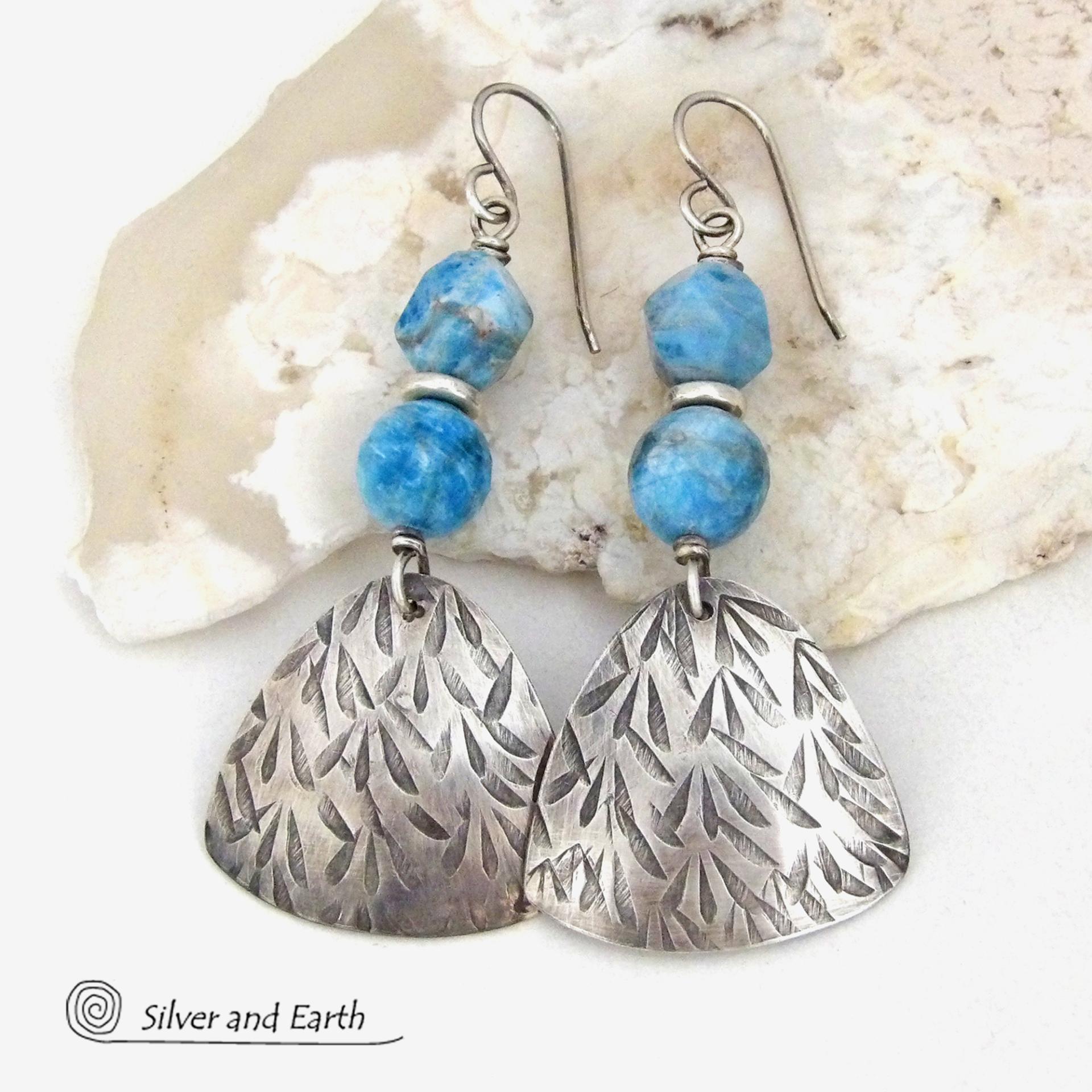 Textured Sterling Silver Earrings with Blue Apatite Gemstones - Artisan Handcrafted Modern Sterling & Stone Jewelry