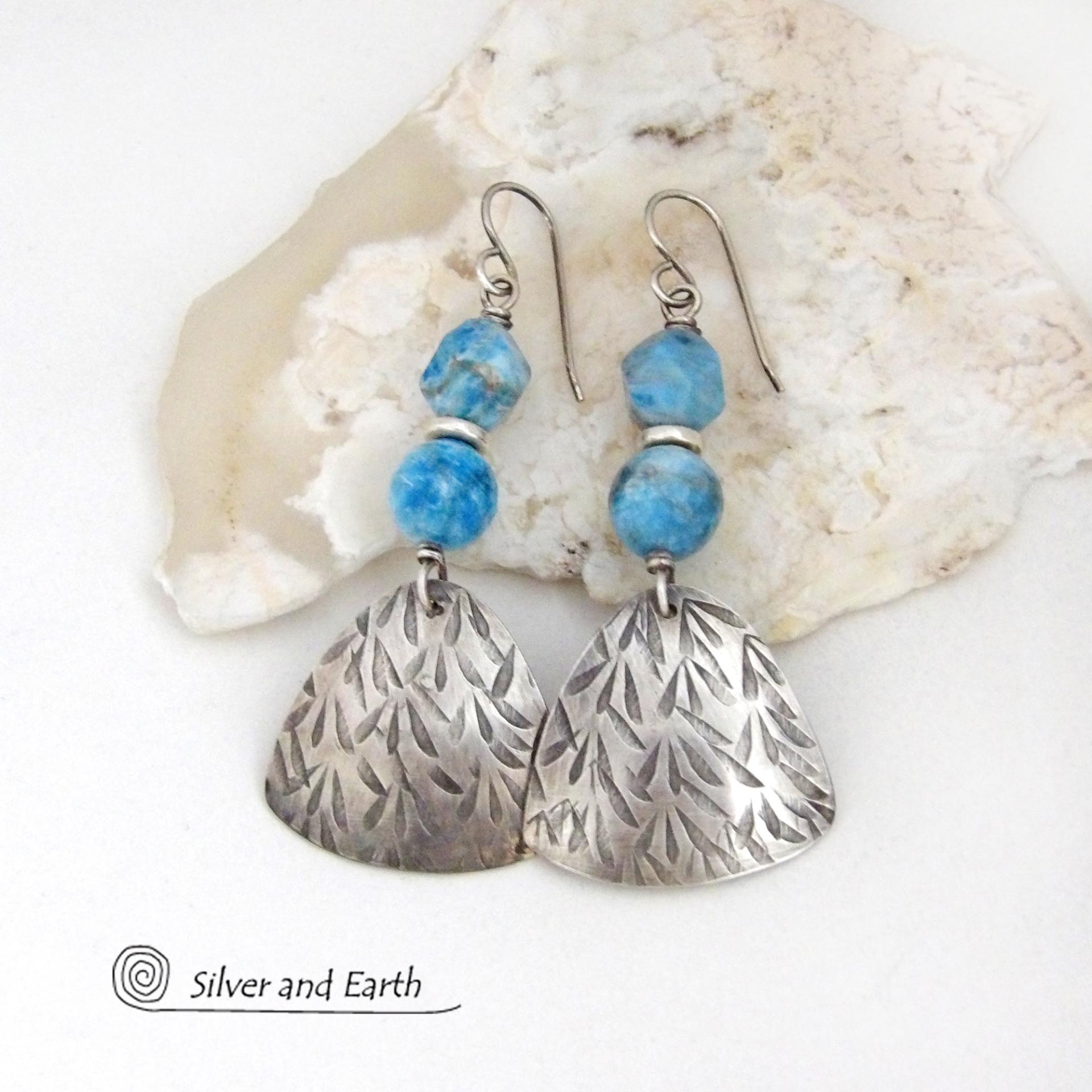 Textured Sterling Silver Earrings with Blue Apatite Gemstones - Artisan Handcrafted Modern Sterling & Stone Jewelry