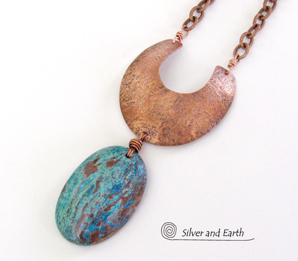 Aqua Jasper Necklace with Hand Forged Copper - Natural Stone Jewelry