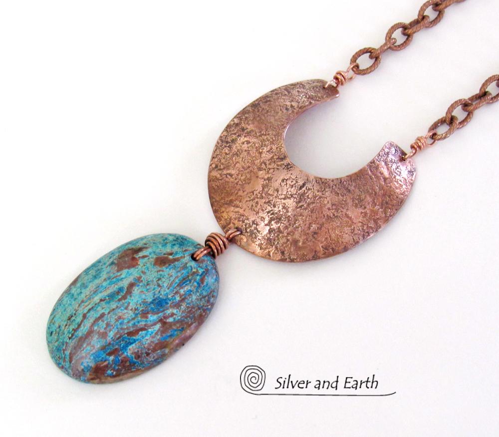 Aqua Jasper Necklace with Hand Forged Copper - Natural Stone Jewelry