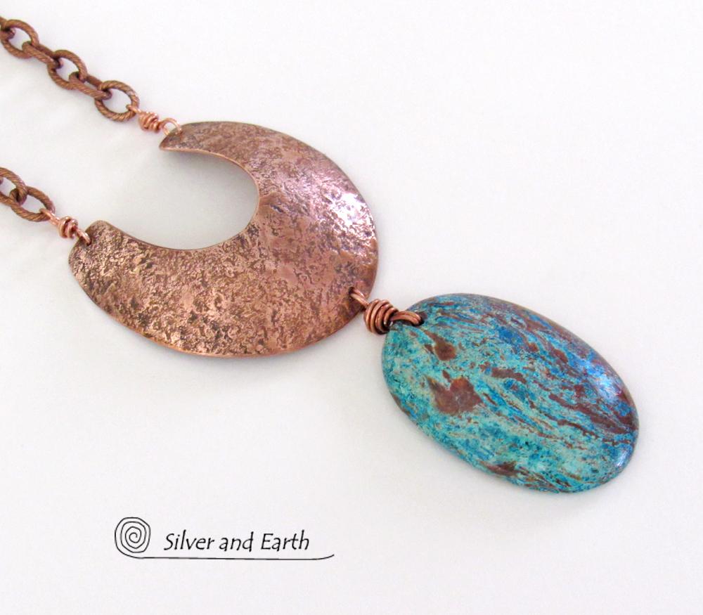 Aqua Jasper Necklace with Hand Forged Copper - Natural Stone Jewelry