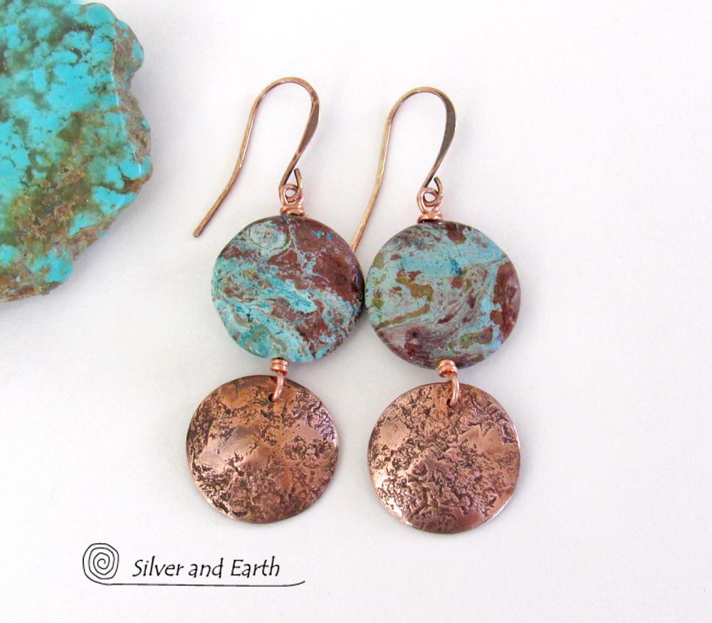 Rustic Hammered Copper Earrings with Aqua Jasper Stones- Natural Stone Jewelry