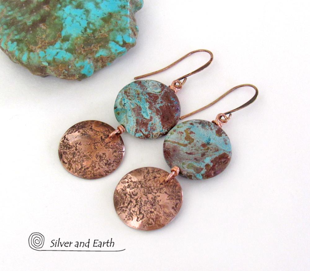 Rustic Hammered Copper Earrings with Aqua Jasper Stones- Natural Stone Jewelry