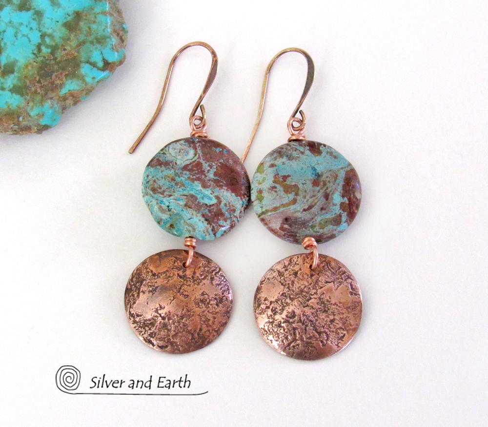 Rustic Hammered Copper Earrings with Aqua Jasper Stones- Natural Stone Jewelry