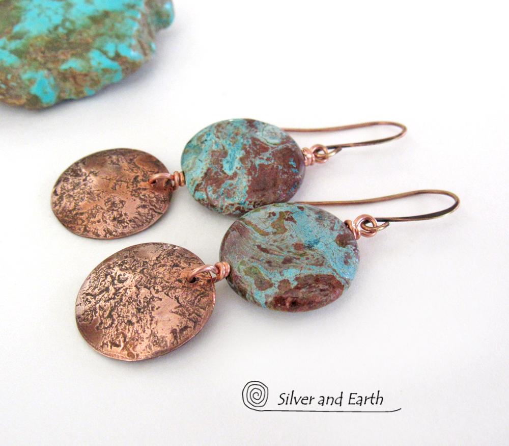 Rustic Hammered Copper Earrings with Aqua Jasper Stones- Natural Stone Jewelry