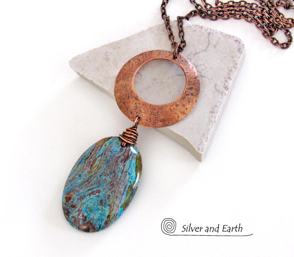 Copper Circle Pendant Necklace with Brown Blue Aqua Jasper Stone - Earthy Modern Chic Handmade One of a Kind Natural Stone Jewelry