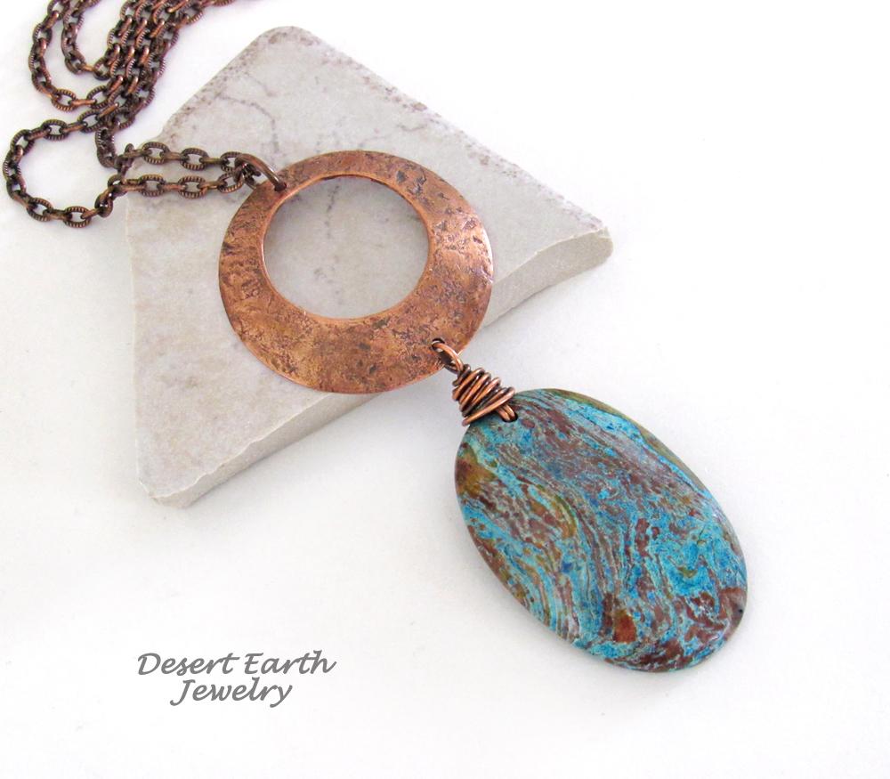 Copper Circle Pendant Necklace with Brown Blue Aqua Jasper Stone - Earthy Modern Chic Handmade One of a Kind Natural Stone Jewelry