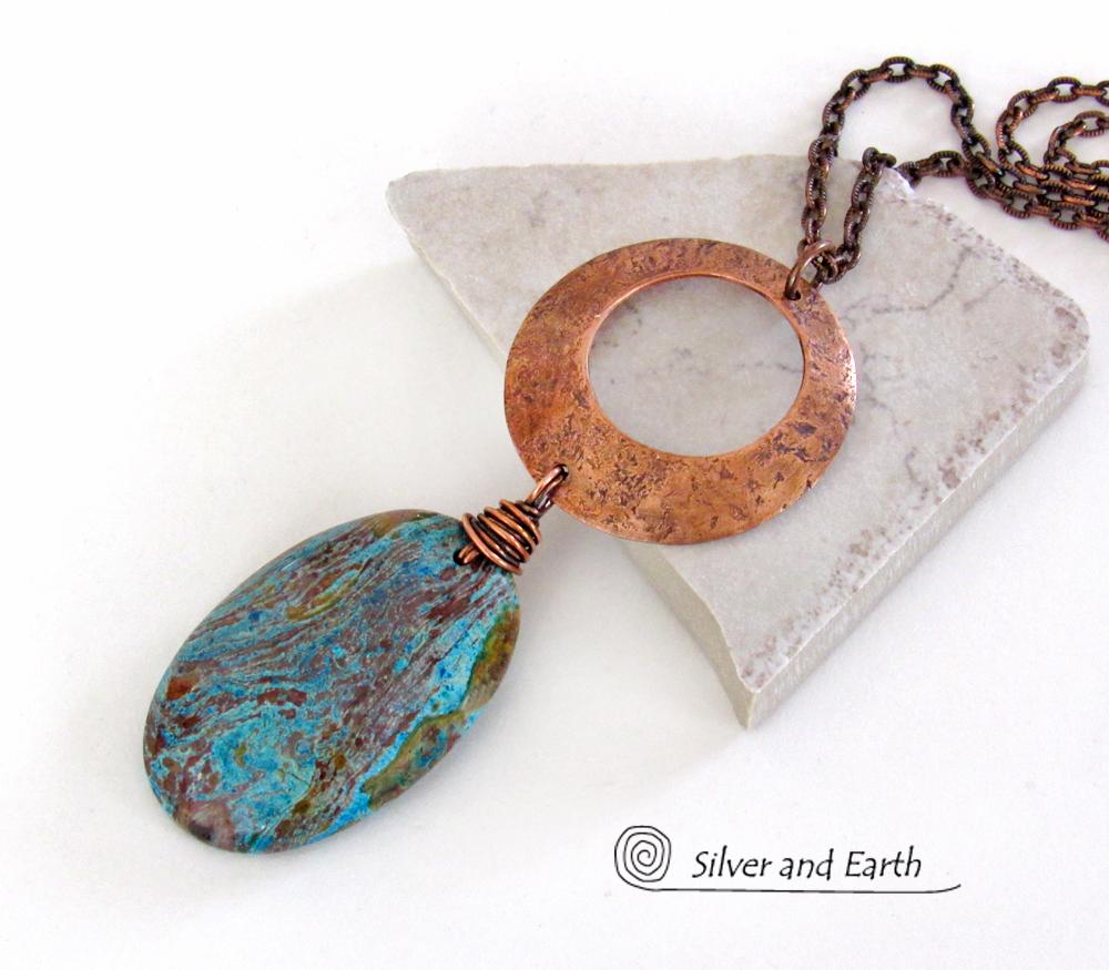 Copper Circle Pendant Necklace with Brown Blue Aqua Jasper Stone - Earthy Modern Chic Handmade One of a Kind Natural Stone Jewelry