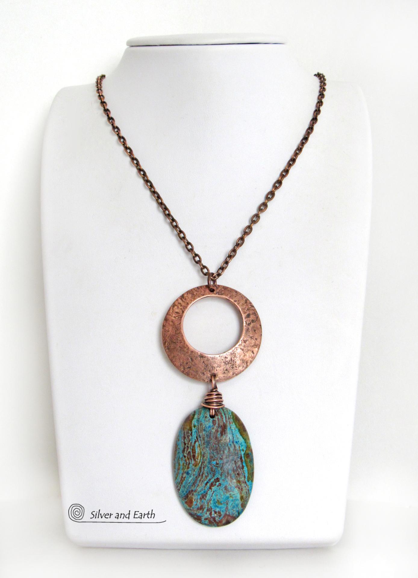 Copper Circle Pendant Necklace with Brown Blue Aqua Jasper Stone - Earthy Modern Chic Handmade One of a Kind Natural Stone Jewelry