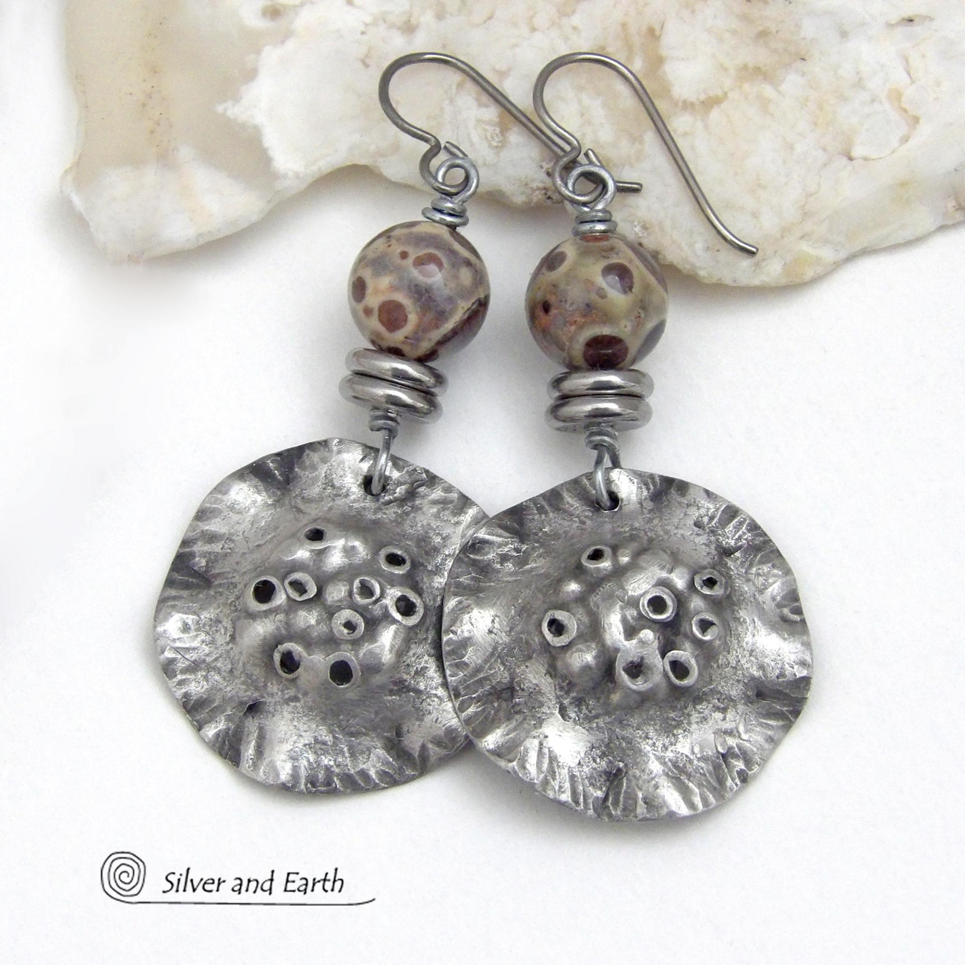 Silver Pewter Earrings with Asteroid Jasper Stones - Bold Edgy Artisan Handcrafted Jewelry