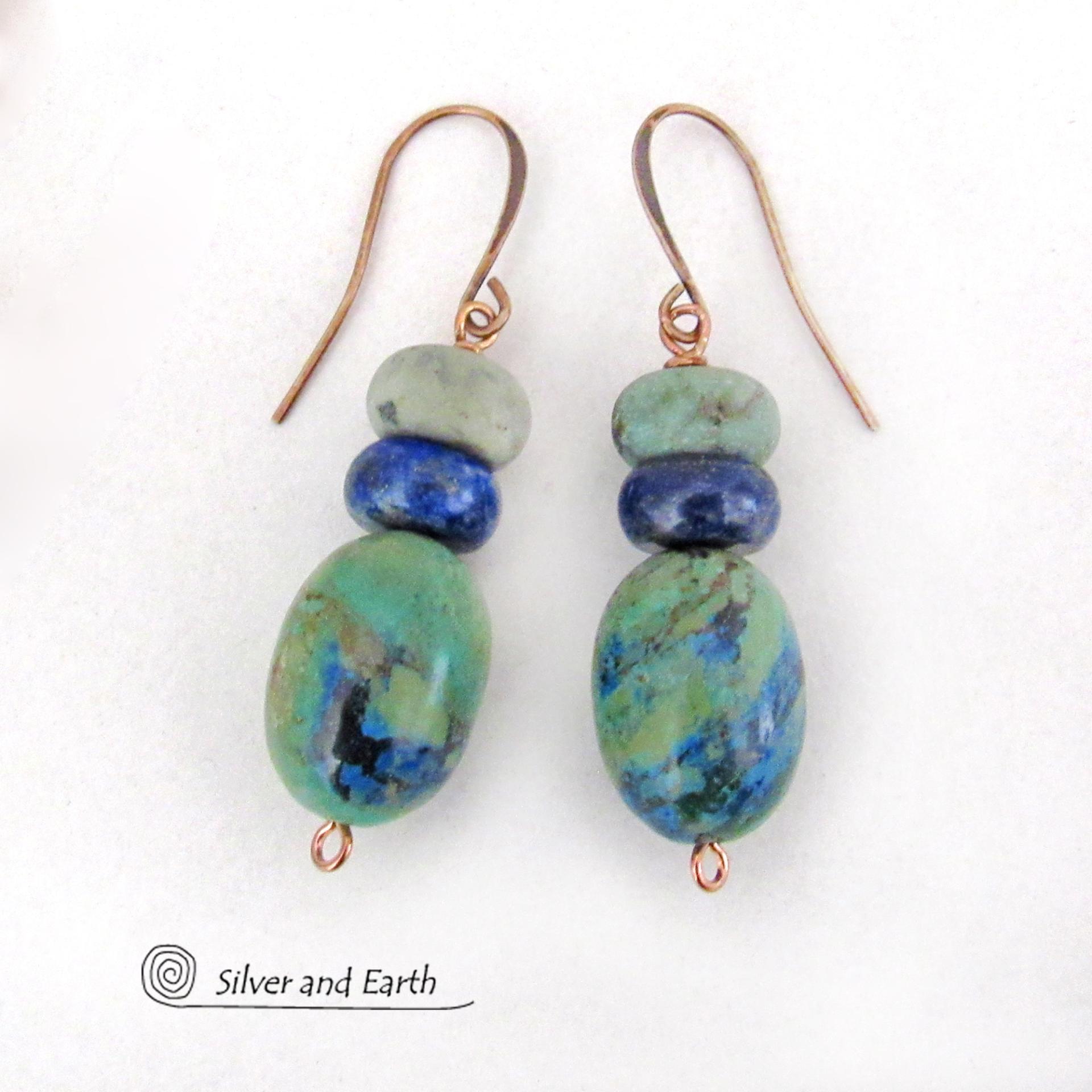 Azurite Malachite Gemstone Earrings with Blue Lapis & African Turquoise - Earthy Natural Stone Jewelry