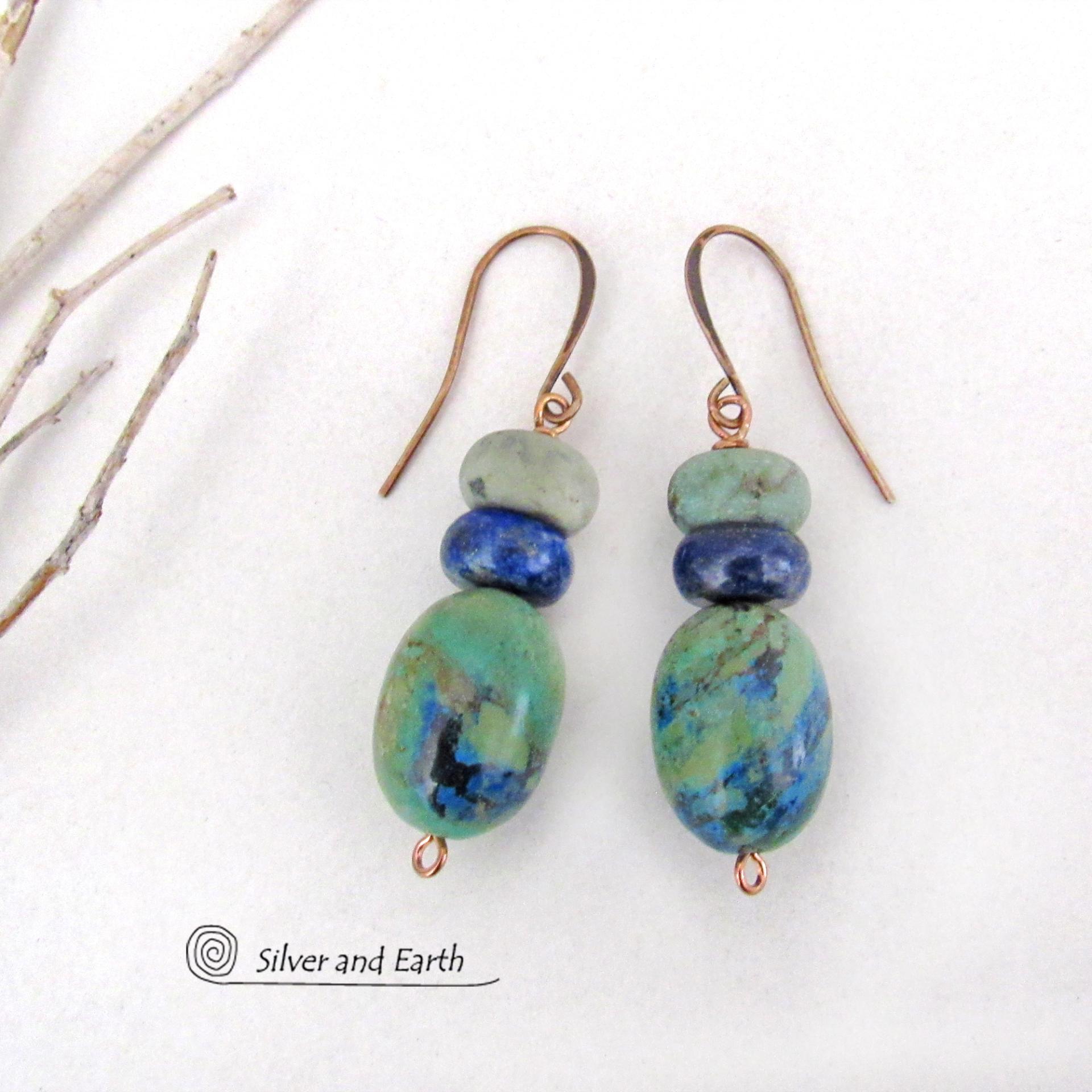 Azurite Malachite Gemstone Earrings with Blue Lapis & African Turquoise - Earthy Natural Stone Jewelry