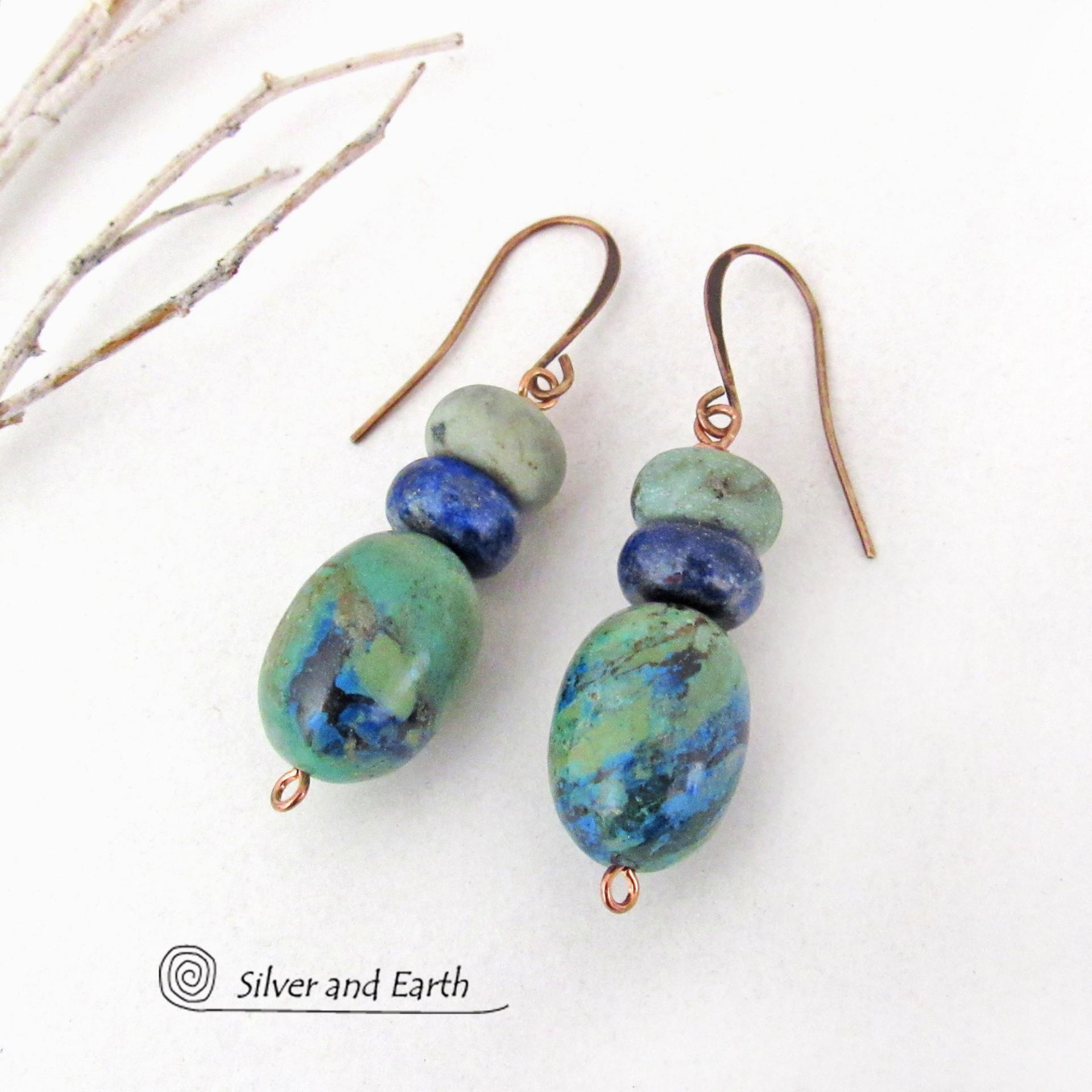 Azurite Malachite Gemstone Earrings with Blue Lapis & African Turquoise - Earthy Natural Stone Jewelry