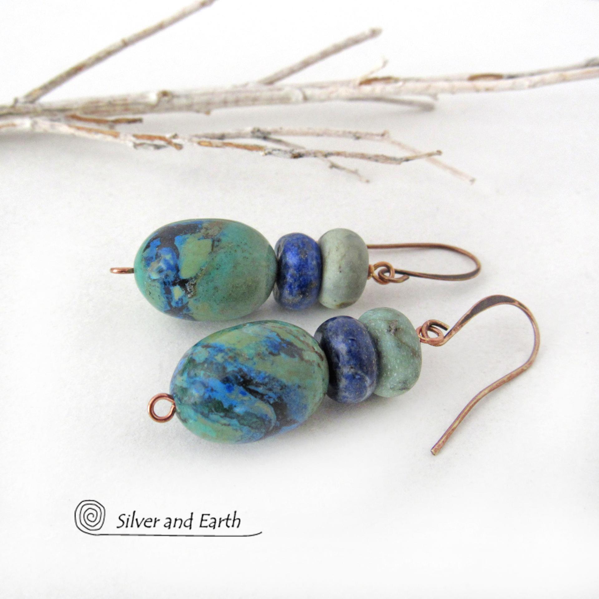 Azurite Malachite Gemstone Earrings with Blue Lapis & African Turquoise - Earthy Natural Stone Jewelry