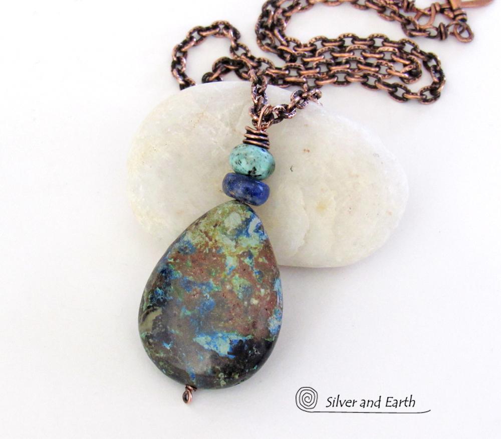 Azurite Malachite Stone Pendant Necklace - Natural Semiprecious Stone Jewelry