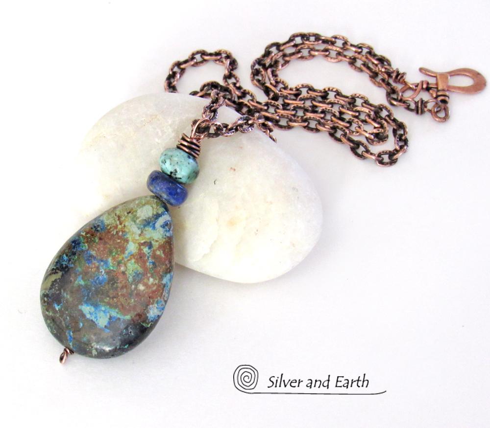 Azurite Malachite Stone Pendant Necklace - Natural Semiprecious Stone Jewelry