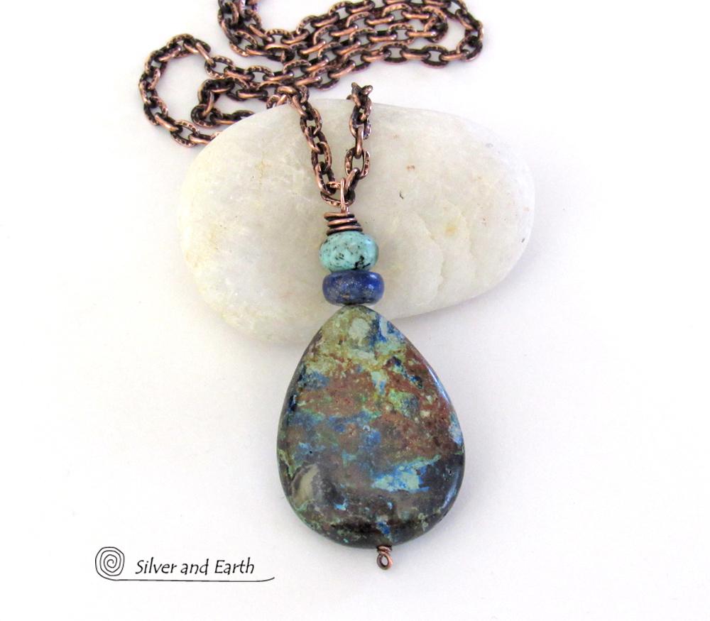 Azurite Malachite Stone Pendant Necklace - Natural Semiprecious Stone Jewelry