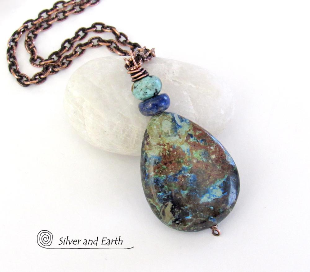 Azurite Malachite Stone Pendant Necklace - Natural Semiprecious Stone Jewelry