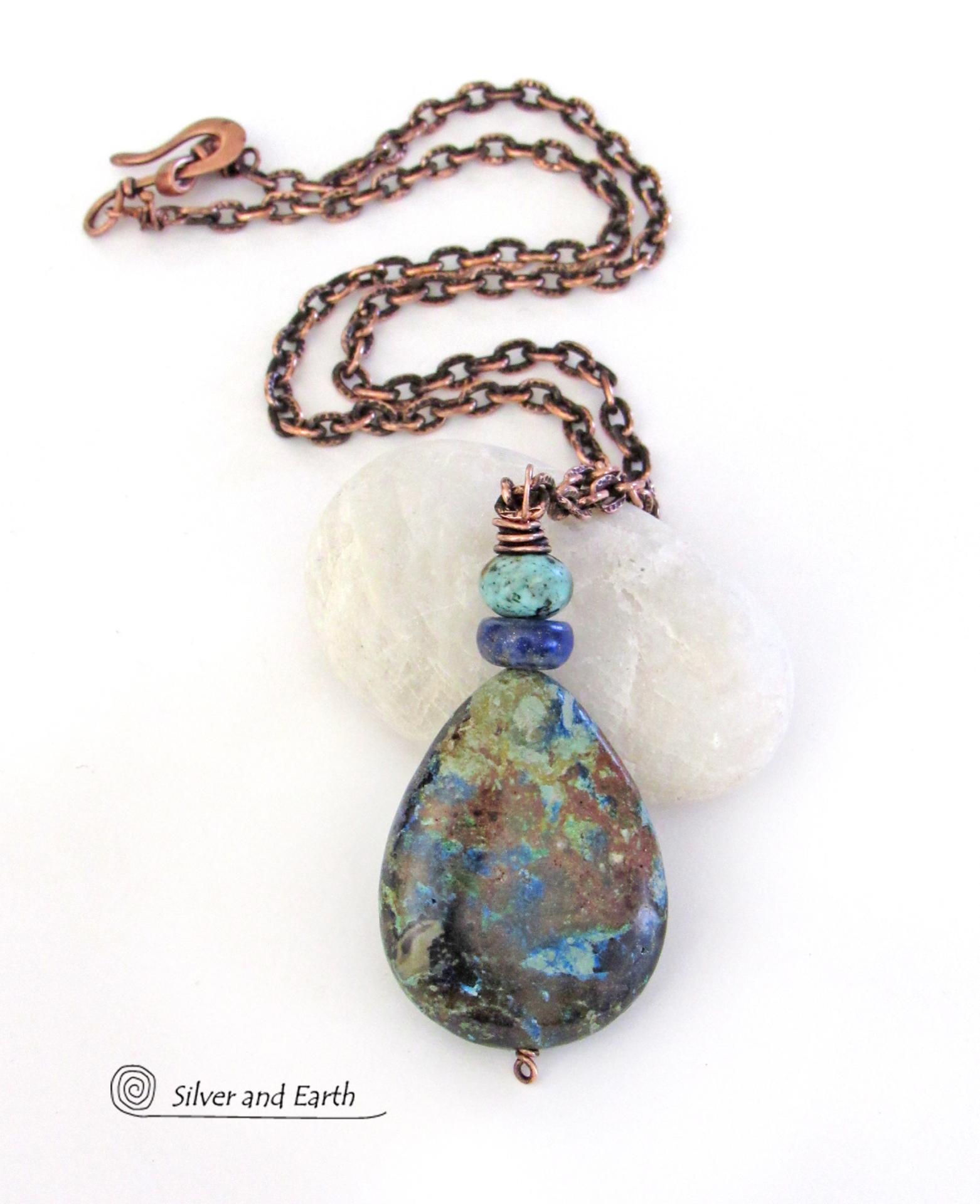 Azurite Malachite Stone Pendant Necklace - Natural Semiprecious Stone Jewelry