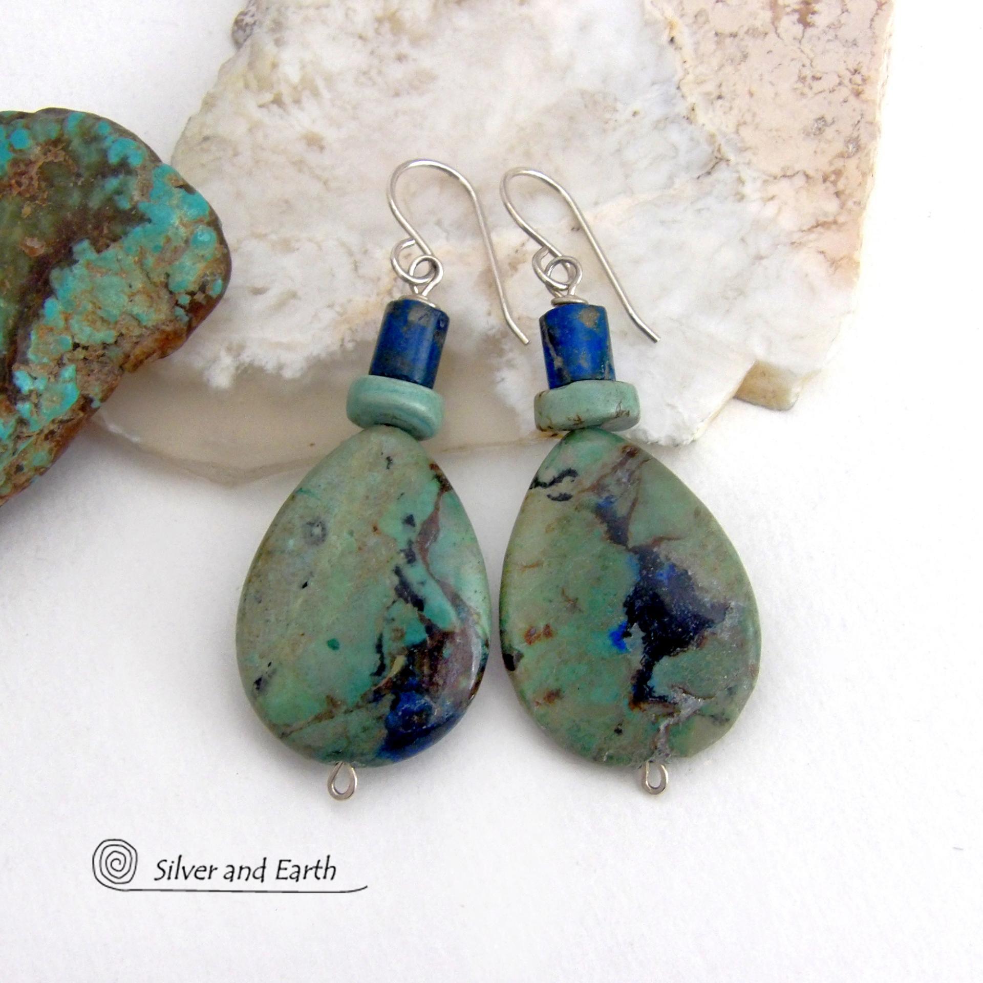 These earrings feature natural azurite-malachite gemstones with beautiful hues of royal blue and turquoise, along with subtle brown streaks. They are accented with a natural turquoise and azurite bead. Azurite-malachite is a combination of two different gemstones found blended together - compliments of Mother Nature. The rich blue color of the azurite is found intertwined with the deep, rich earthy green malachite. This "marriage" of stones is typically found in or around copper deposits. 