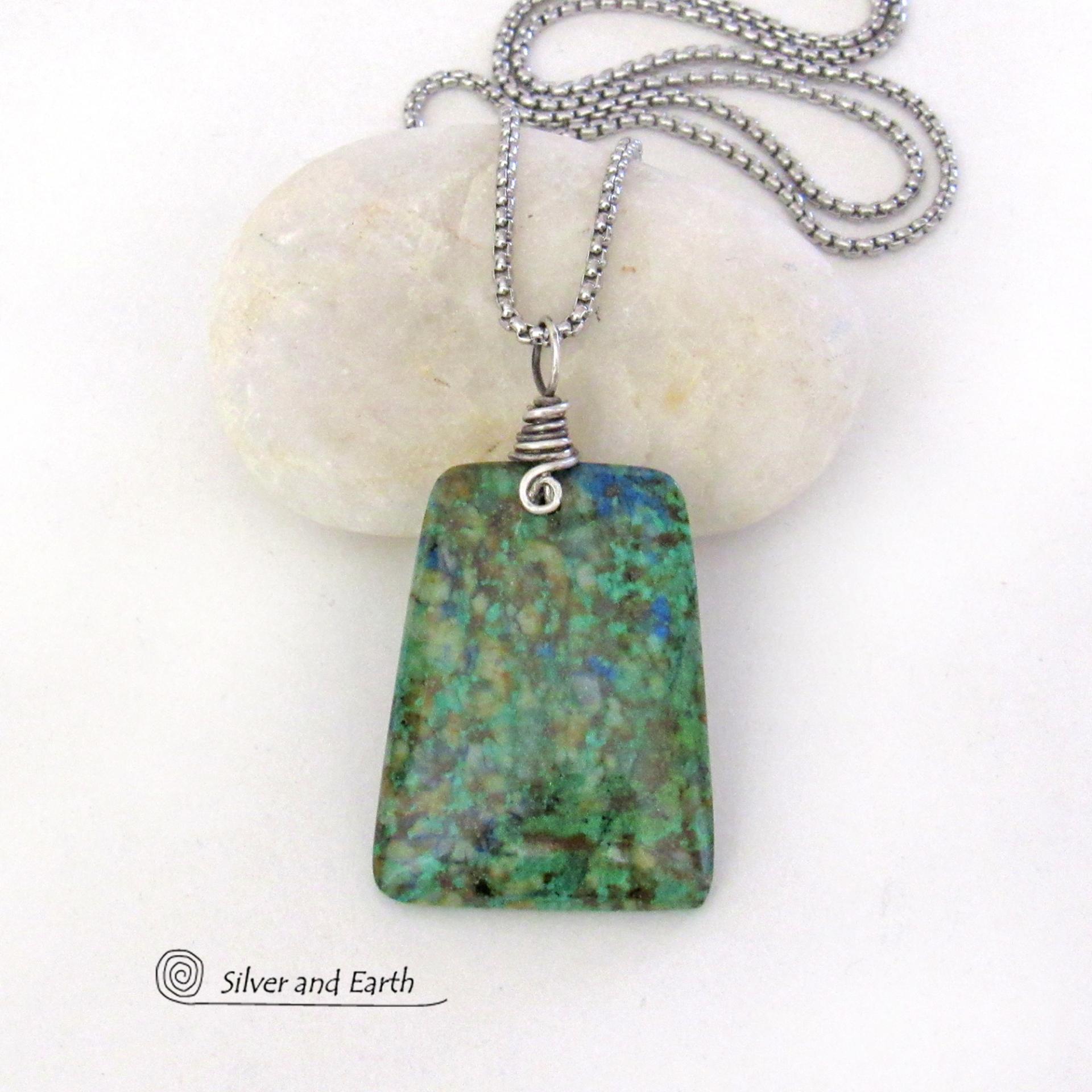 Azurite Malachite Blue Green Pendant Necklace - Modern Simplistic Gemstone Jewelry