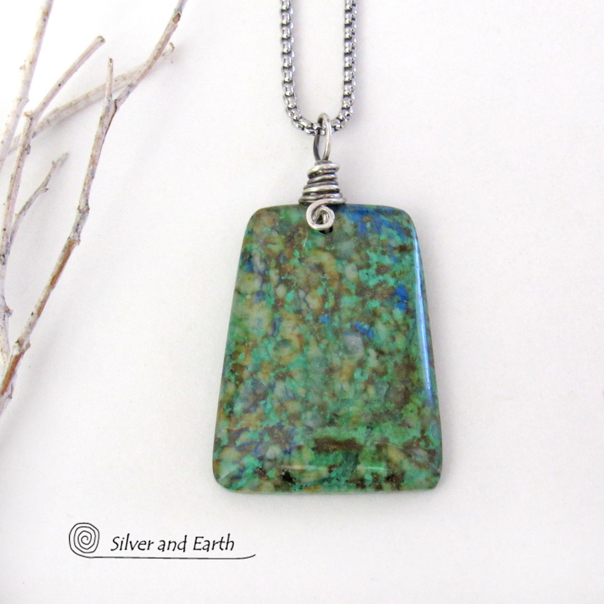 Azurite Malachite Blue Green Pendant Necklace - Modern Simplistic Gemstone Jewelry