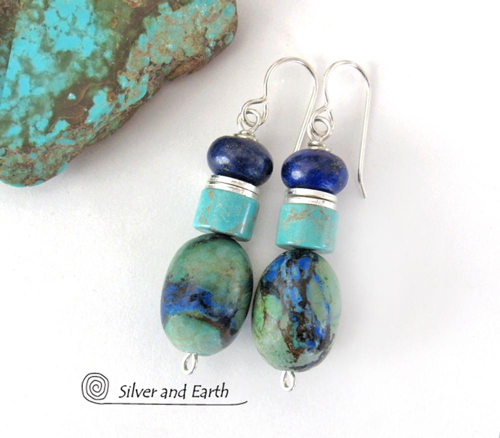 Azurite Malachite Earrings with Turquoise and Lapis - Colorful Natural Stone Jewelry