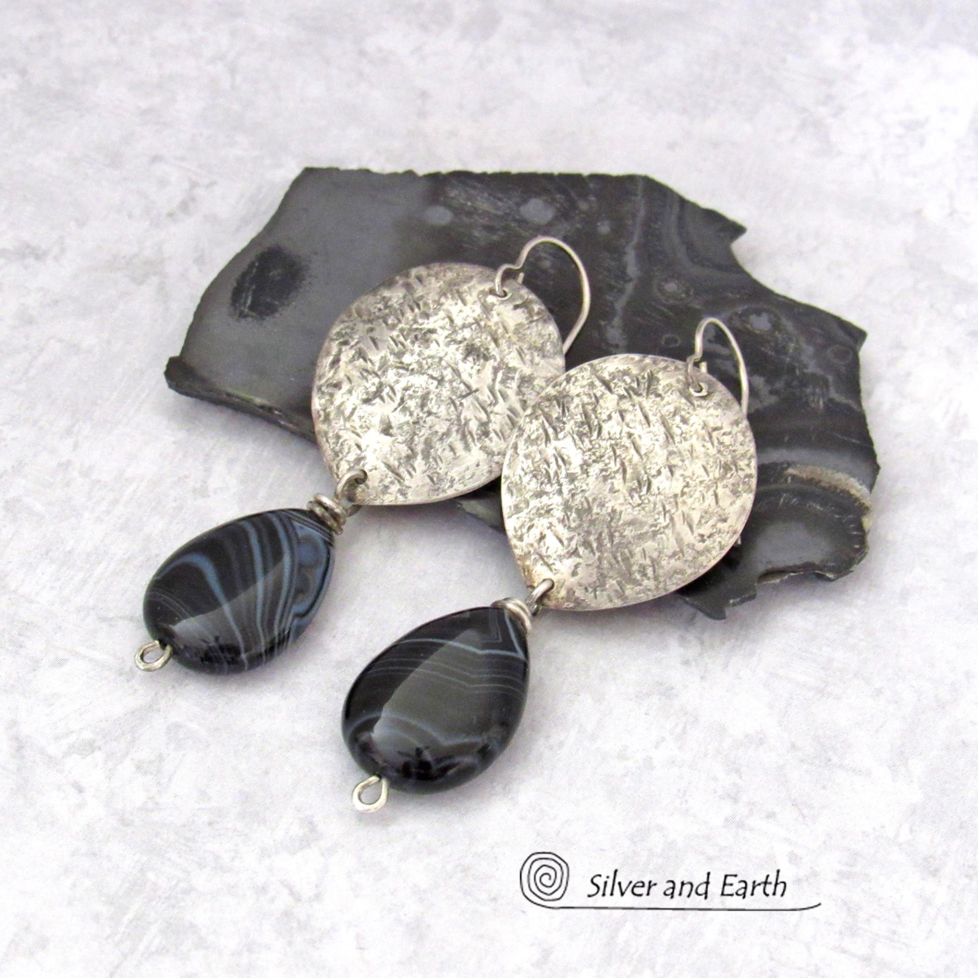 Textured Sterling Silver Earrings with Black Banded Agate Gemstones