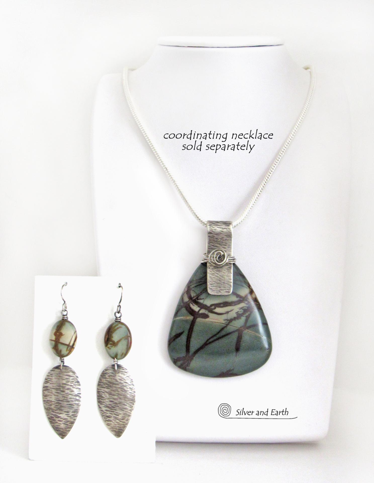 Handcrafted Long Sterling Silver Dangle Earrings with Natural Picasso Jasper Stones