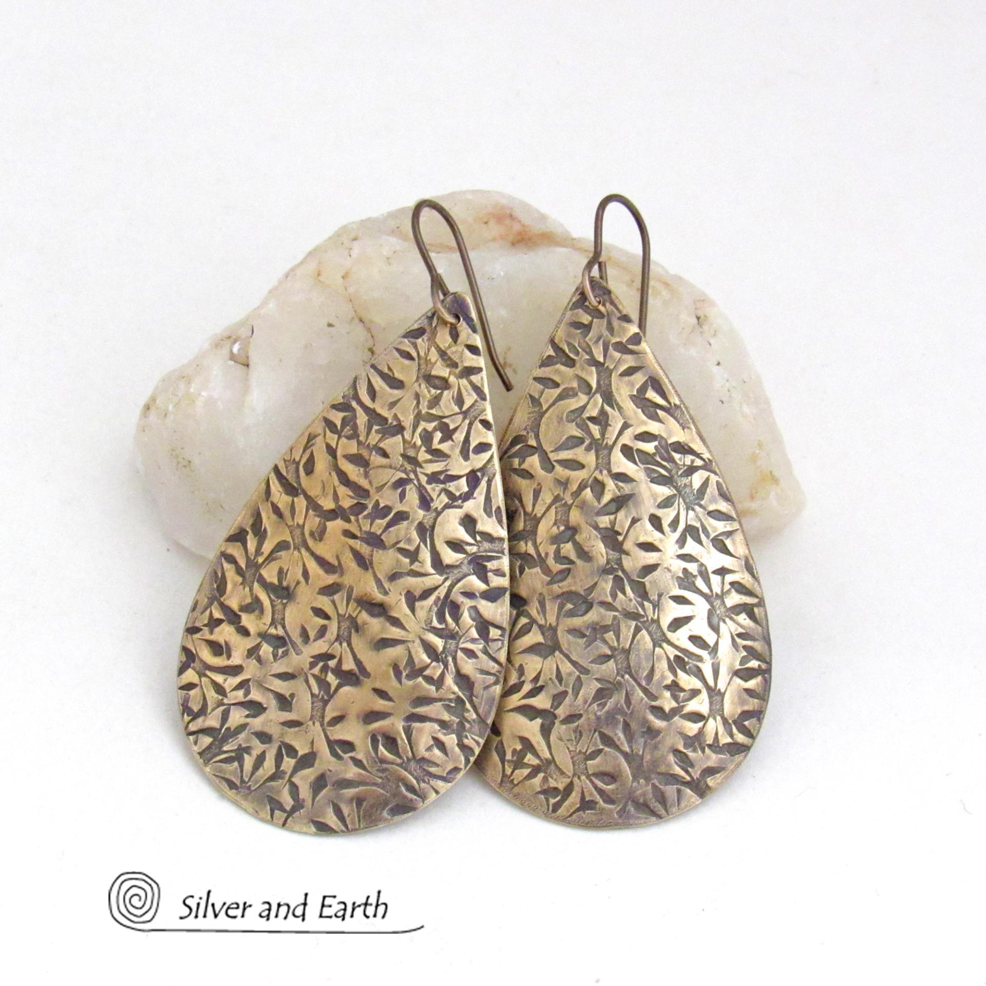 Big Bold Gold Brass Long Teardrop Earrings with Hand Stamped Texture - Artisan Handcrafted Modern Metal Jewelry