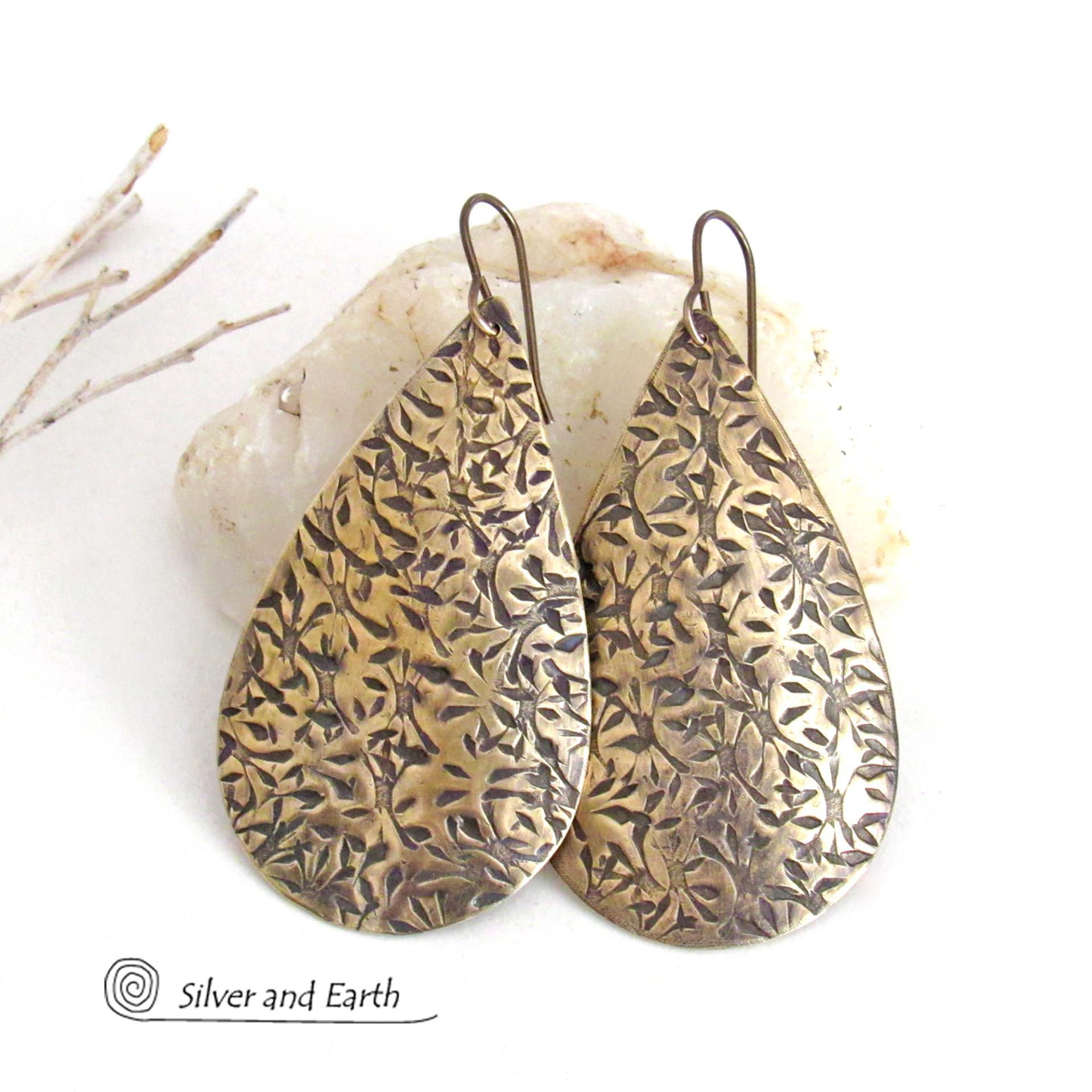 Big Bold Gold Brass Long Teardrop Earrings with Hand Stamped Texture - Artisan Handcrafted Modern Metal Jewelry