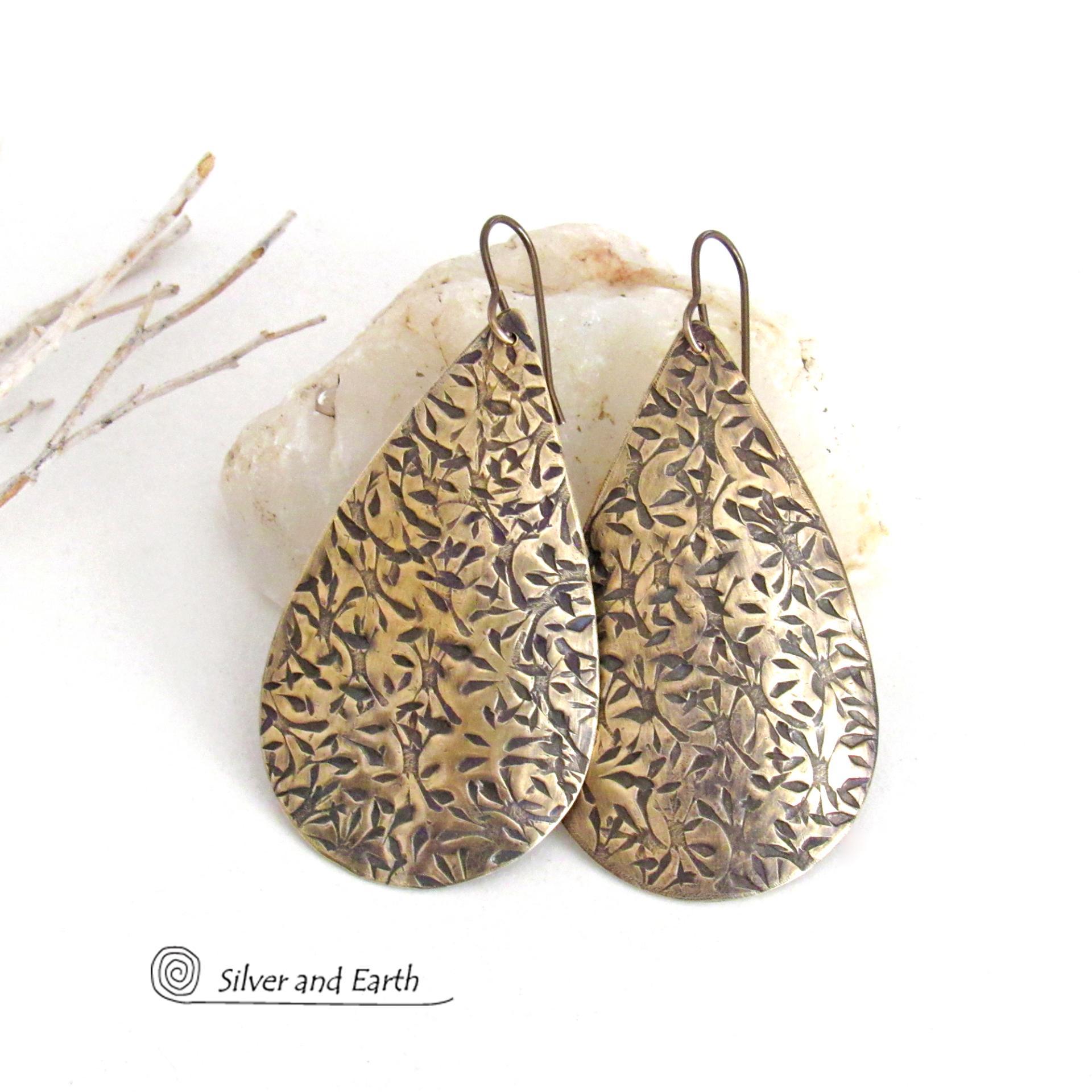 Big Bold Gold Brass Long Teardrop Earrings with Hand Stamped Texture - Artisan Handcrafted Modern Metal Jewelry