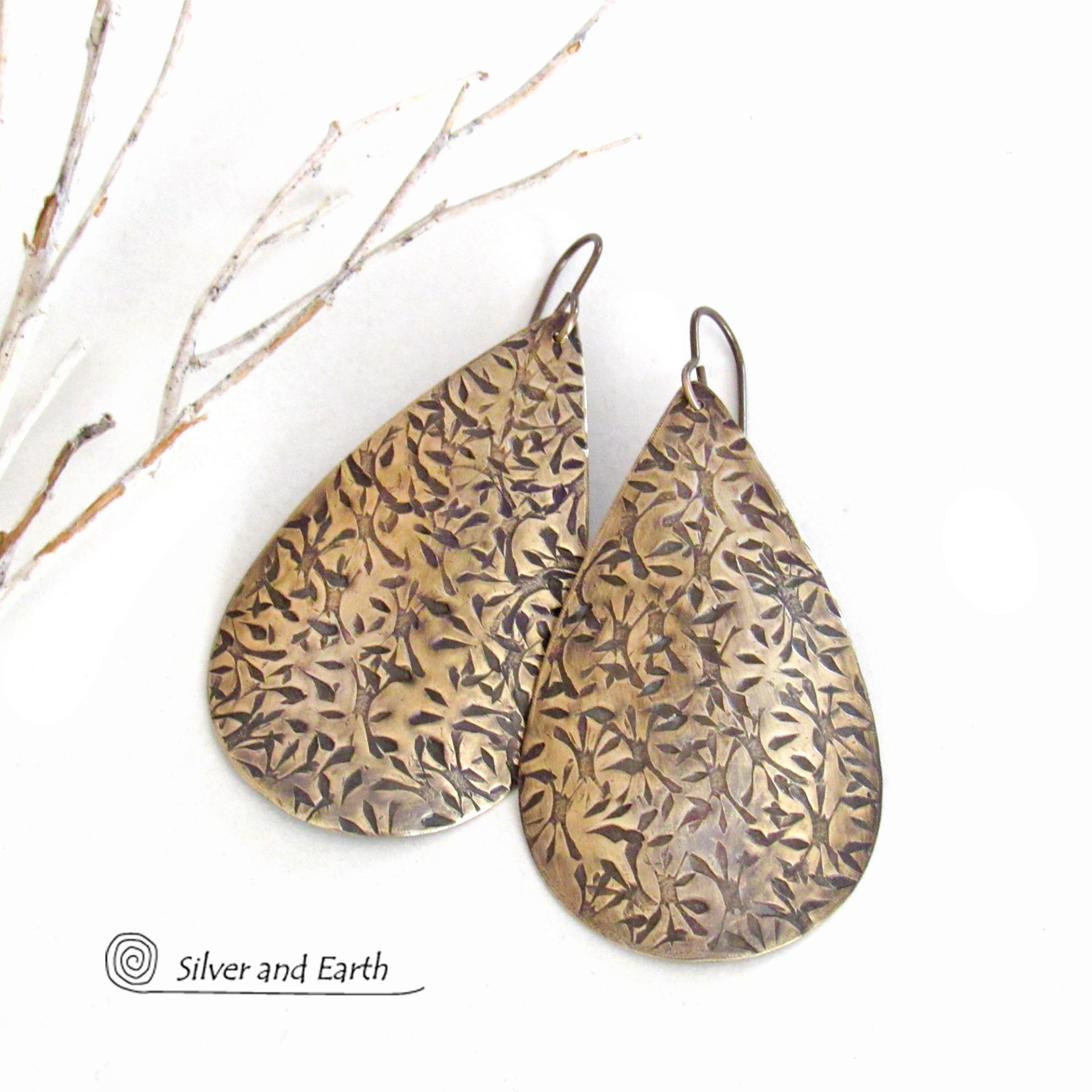 Big Bold Gold Brass Long Teardrop Earrings with Hand Stamped Texture - Artisan Handcrafted Modern Metal Jewelry
