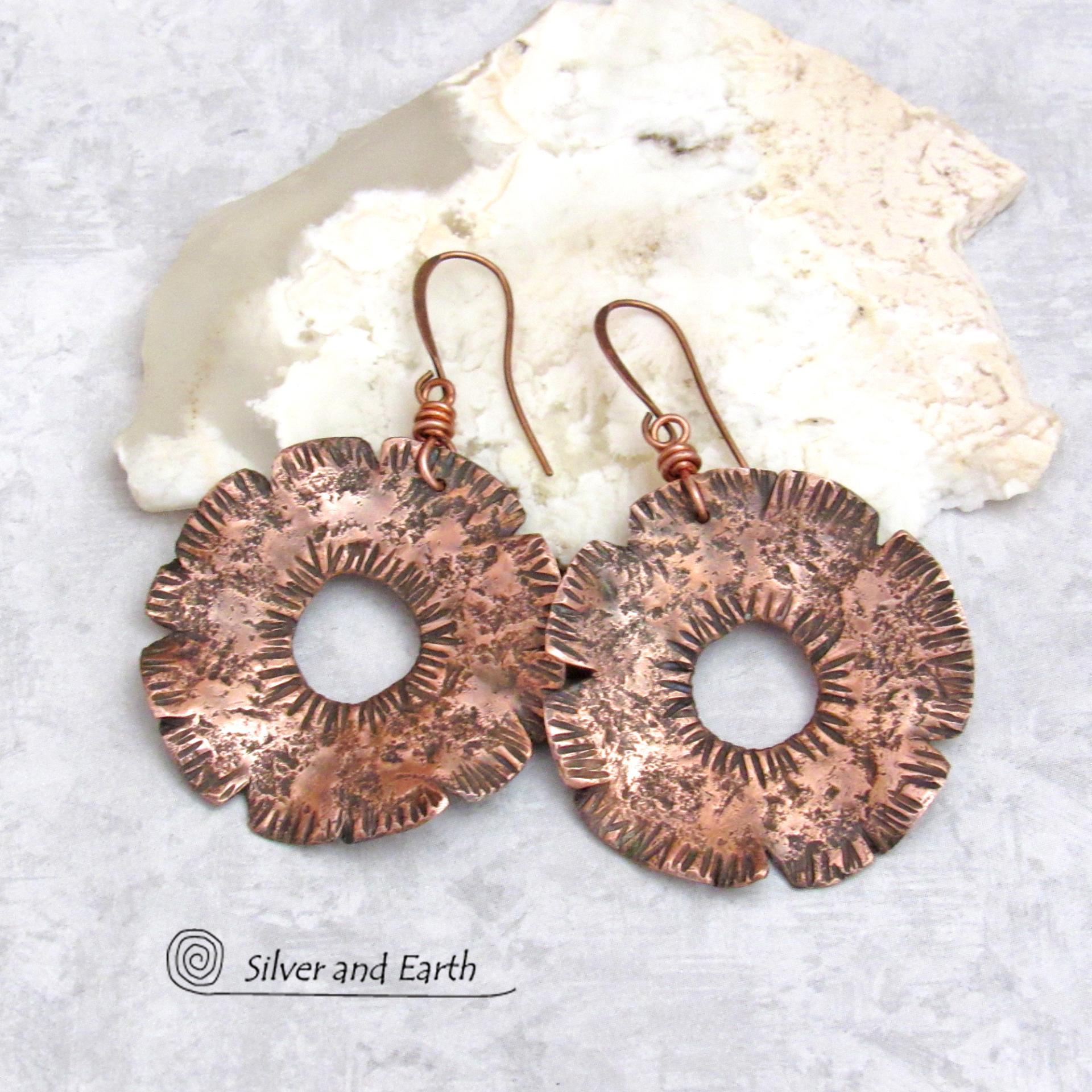 Big Bold Copper Earrings with Organic Hammered Texture - Hand Forged Edgy Modern Metal Jewelry