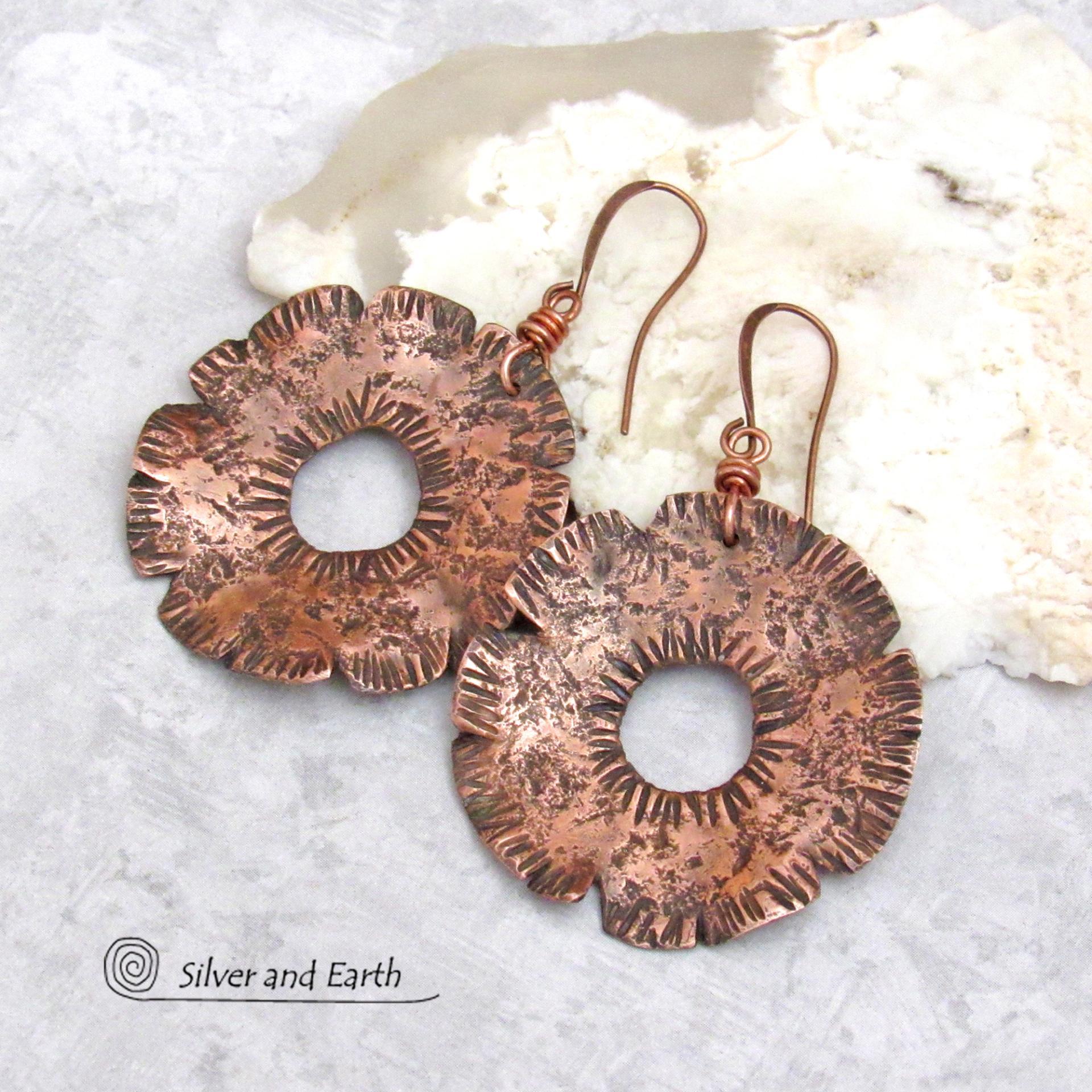 Big Bold Copper Earrings with Organic Hammered Texture - Hand Forged Edgy Modern Metal Jewelry