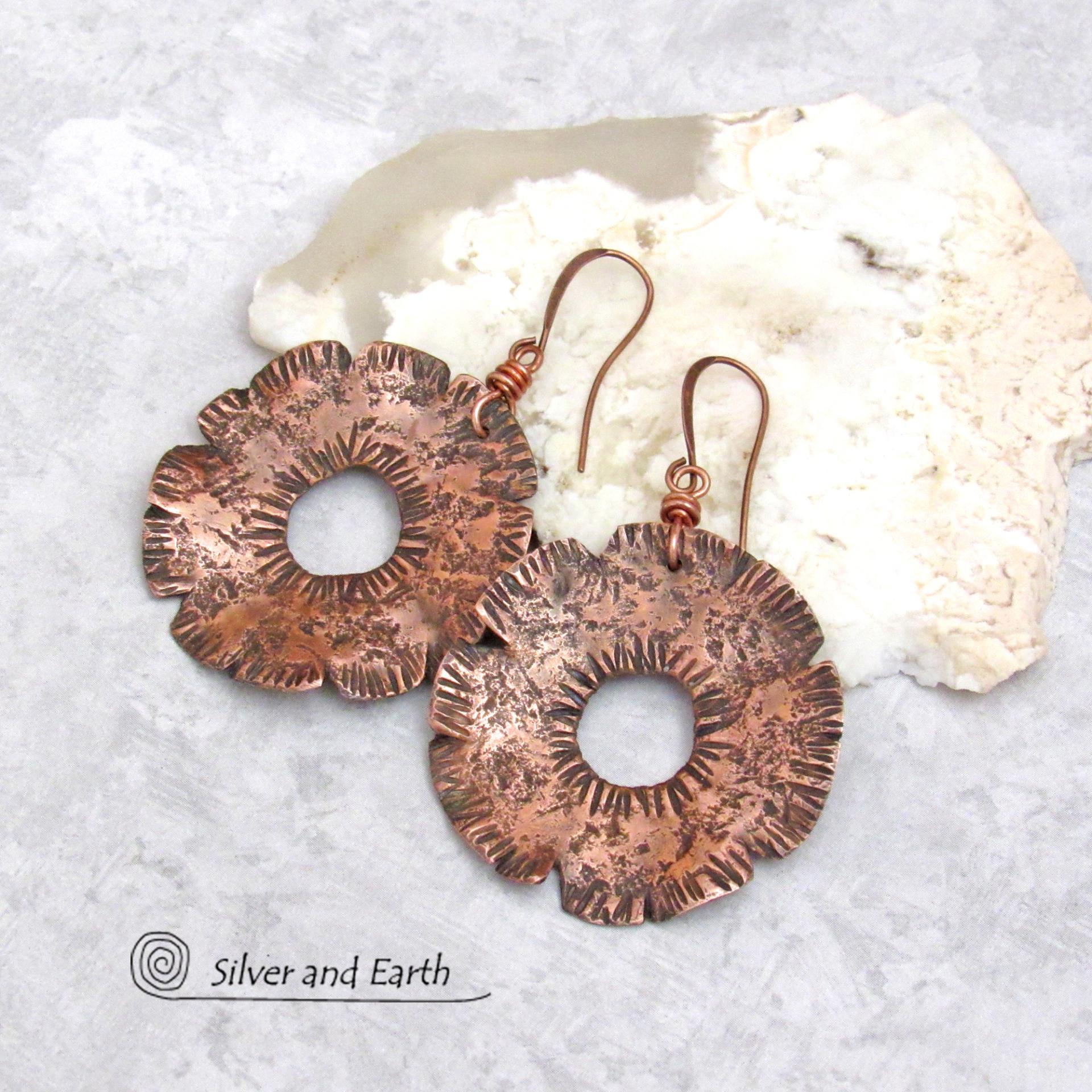 Big Bold Copper Earrings with Organic Hammered Texture - Hand Forged Edgy Modern Metal Jewelry