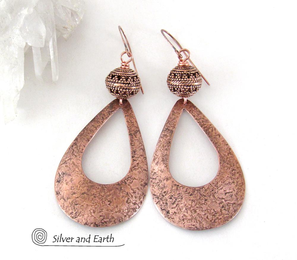 Large Hammered Copper Teardrop Earrings with Filigree Beads - Trendy Modern Statement Jewelry