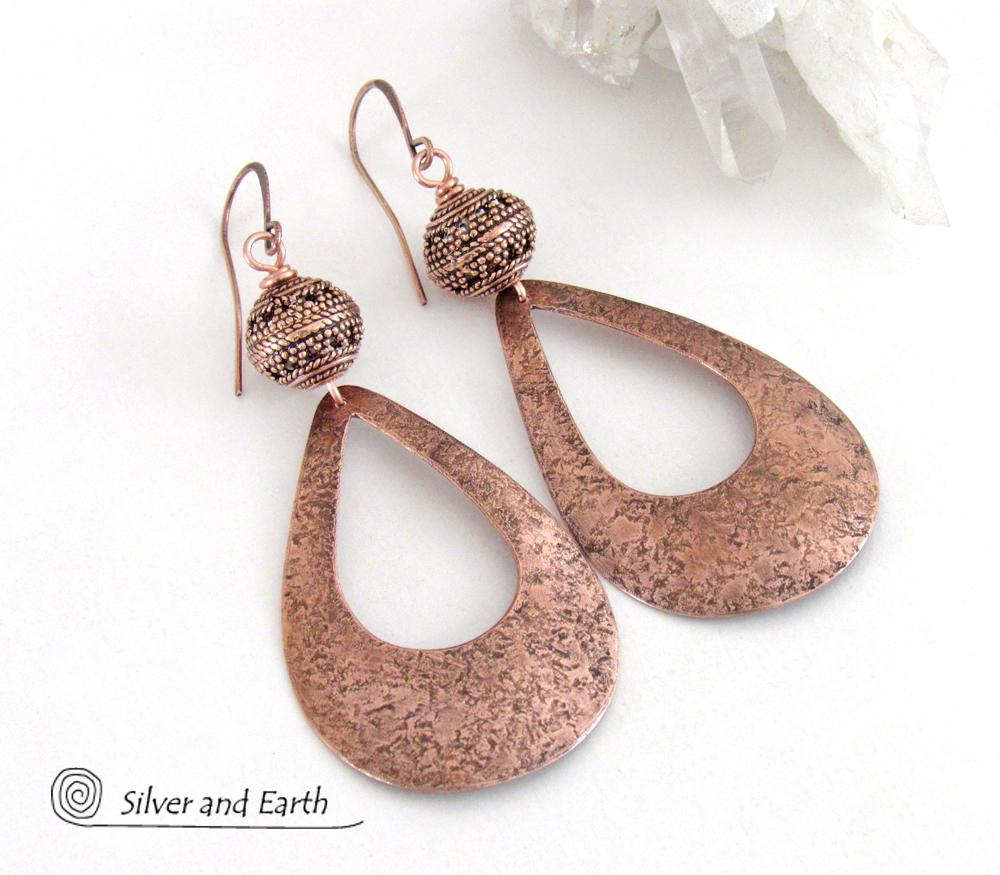 Large Hammered Copper Teardrop Earrings with Filigree Beads - Trendy Modern Statement Jewelry