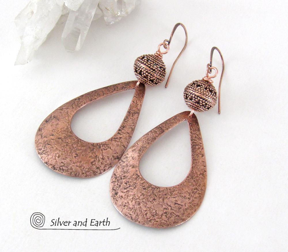 Large Hammered Copper Teardrop Earrings with Filigree Beads - Trendy Modern Statement Jewelry