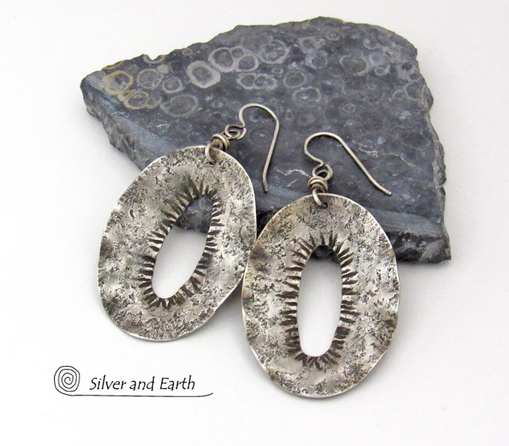 Modern Edgy Hammered Sterling Silver Earrings - Organic Earthy Sterling Silver Jewelry