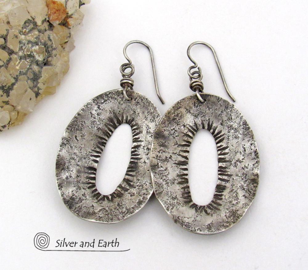 Modern Edgy Hammered Sterling Silver Earrings - Organic Earthy Sterling Silver Jewelry